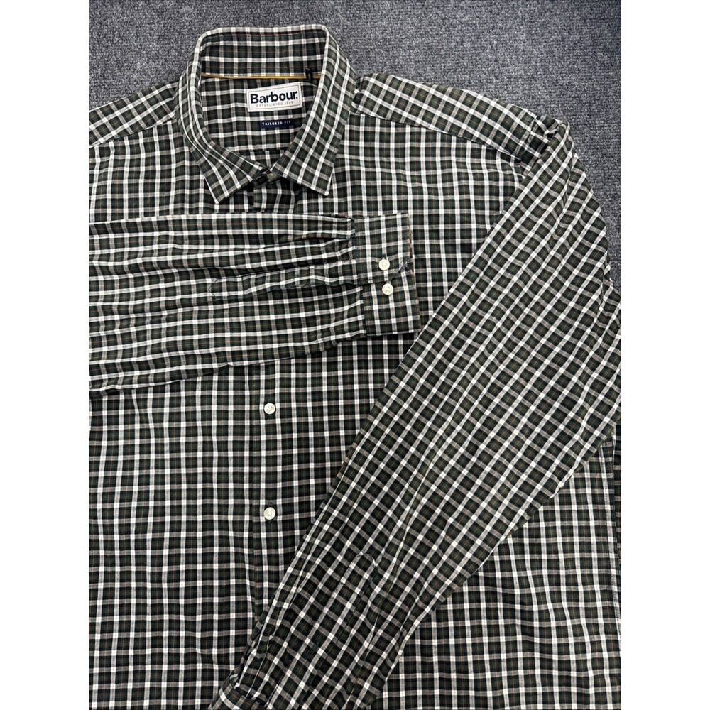Barbour Highland Micro Check Shirt Mens Xl Green Cotton Cashmere Tailored Fit